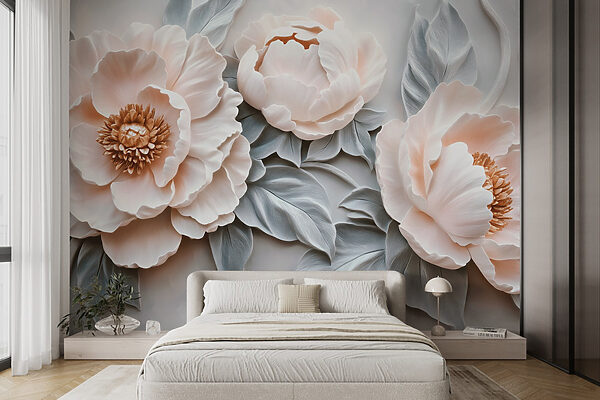 Group of white flowers with leaves Wall murals Group of white flowers with leaves