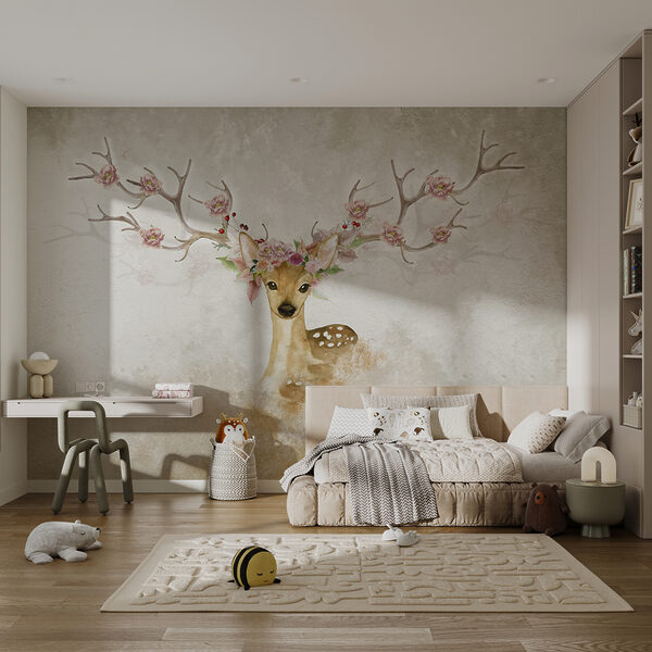 Wall mural Watercolor of a deer with flowers on its head