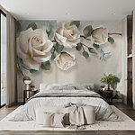 Wall mural White rose with green leaves