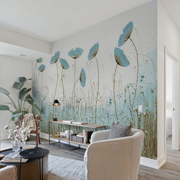 Wall mural Blue flowers dance in gentle breeze