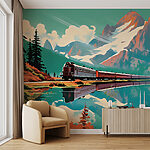 Wall mural Train passing by a mountain