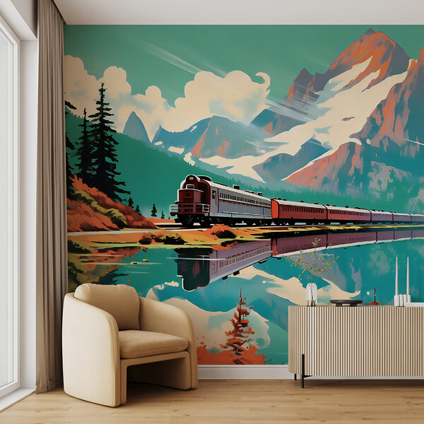 Wall mural Train passing by a mountain