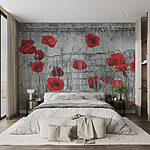 Wall mural Red poppies against a textured wall