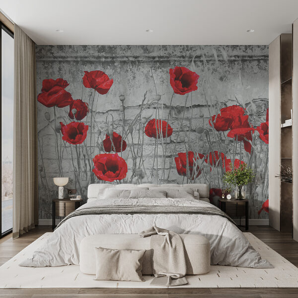 Wall mural Red poppies against a textured wall (SKU: u40552) Wall mural Wall mural Red poppies against a textured wall (SKU: u40552)