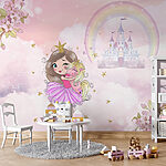 Wall mural Cartoon of a girl hugging a unicorn