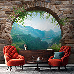 Wall mural Stone archway framing lush valley view