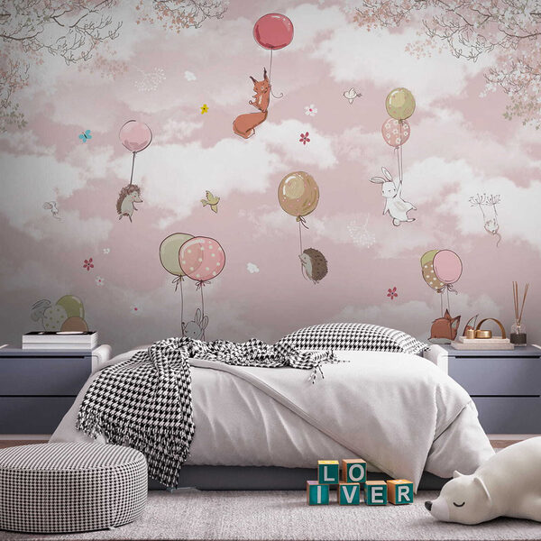 Animals floating with colorful balloons Wall mural Animals floating with colorful balloons