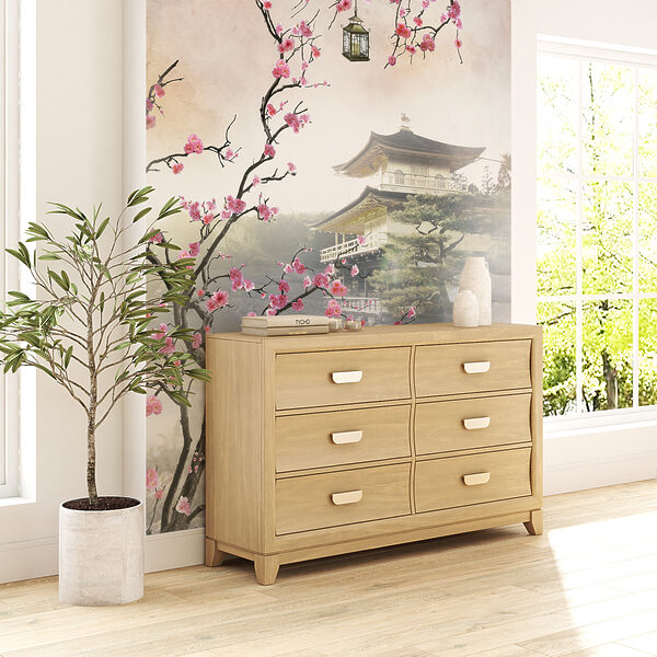Wall mural Blossoms framing serene Japanese temple