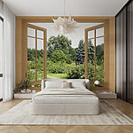 Wall mural View of lush garden through window