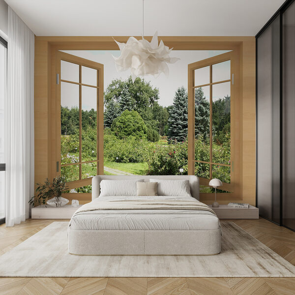 Wall mural View of lush garden through window