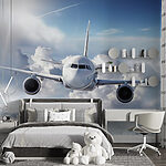 Wall mural Airplane cruising above fluffy clouds