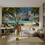 Wall mural Pirate ship anchored by tropical paradise