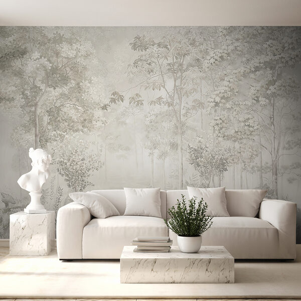 Misty forest with delicate foliage Wall mural Misty forest with delicate foliage