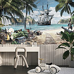 Wall mural Pirate ship anchored on scenic beach