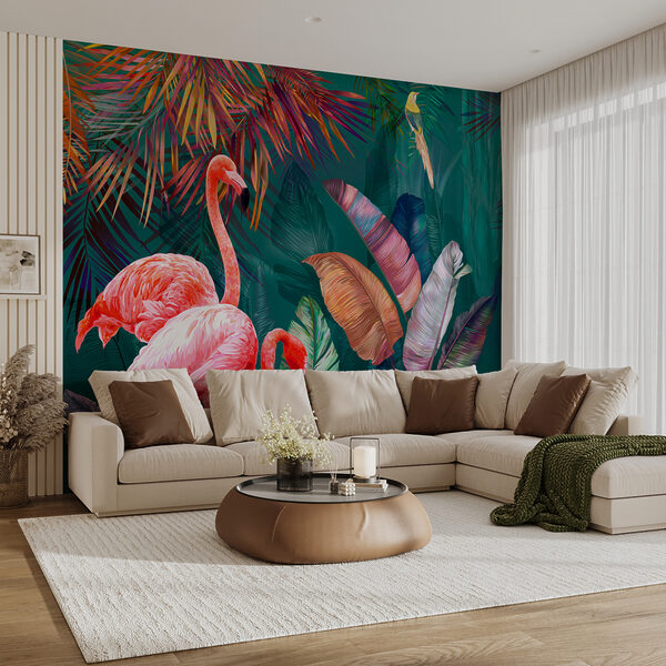 Wall mural Pink flamingo with long legs