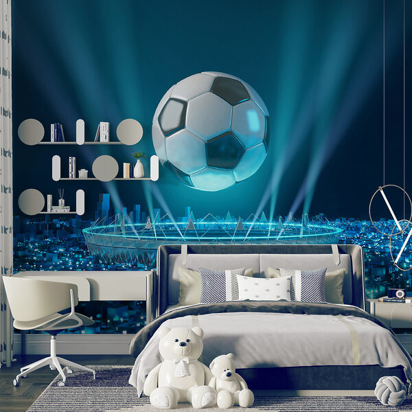 Wall mural Floating soccer ball over illuminated city