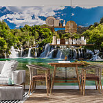Wall mural Blue sky with clouds and trees