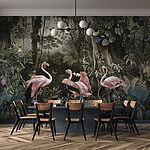 Wall mural Flamingos grace a lush jungle scene