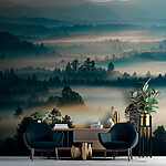 Wall mural Foggy forest with trees and sun rays