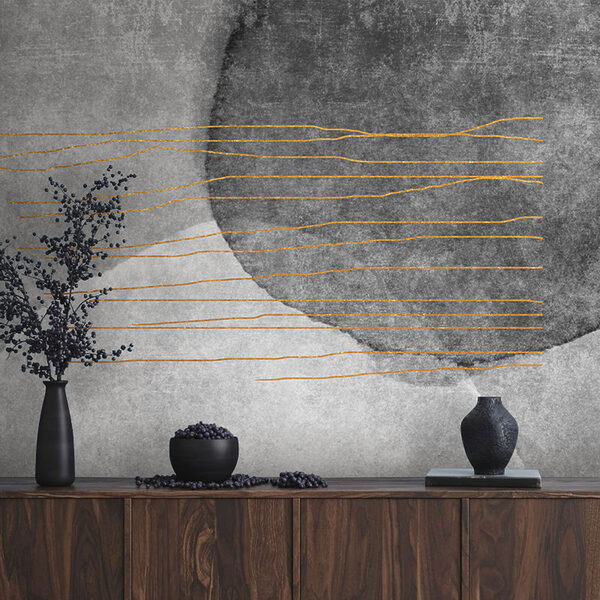 Wall mural Black and white painting with orange lines