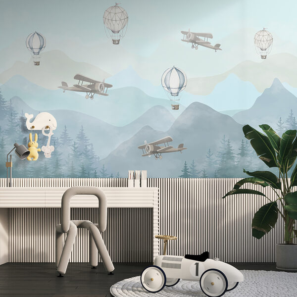 Planes and balloons over misty mountains Wall mural Planes and balloons over misty mountains