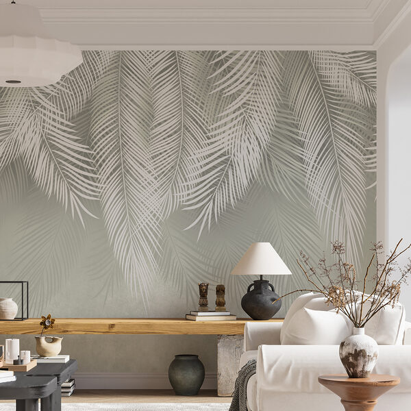 Delicate white palm leaves pattern Wall mural Delicate white palm leaves pattern