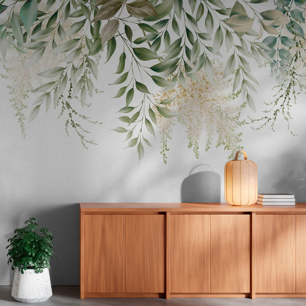 Elegant leaves and flowers cascading down Wall mural Elegant leaves and flowers cascading down