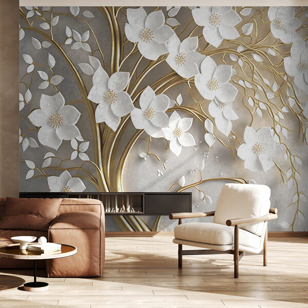 Wall mural Elegant branches with white flowers