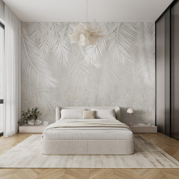 Wall mural White leaves on a gray background