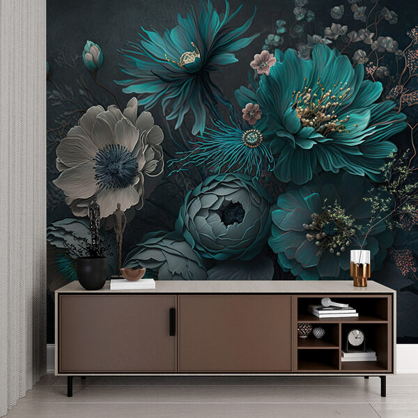 Wall mural Floral elegance in soothing teal shades (SKU: u75405) Wall mural Wall mural Floral elegance in soothing teal shades (SKU: u75405)