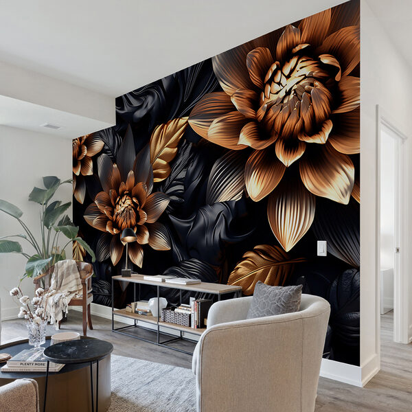 Wall mural Metallic flowers with dark leaves design