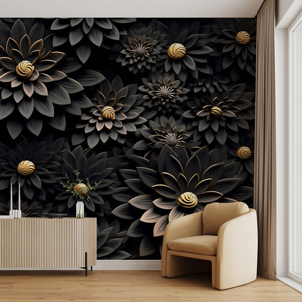 Wall mural Metallic flowers on dark background