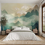 Wall mural Misty mountains and trees at sunrise