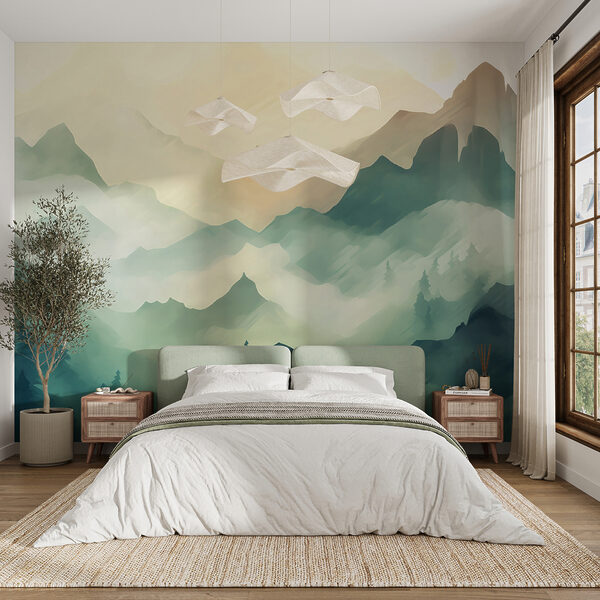 Misty mountains and trees at sunrise Wall mural Misty mountains and trees at sunrise