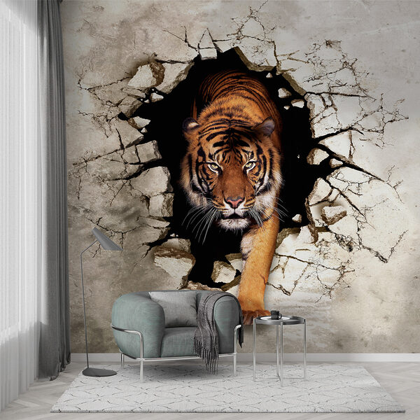Tiger emerging through cracked wall Wall mural Tiger emerging through cracked wall