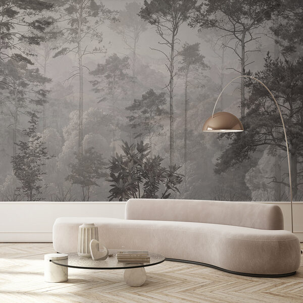 Misty forest with tall trees Wall mural Misty forest with tall trees