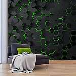 Wall mural Black hexagons with green light