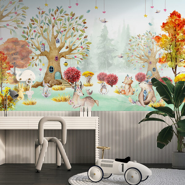 Wall mural Watercolor painting of animals in a forest