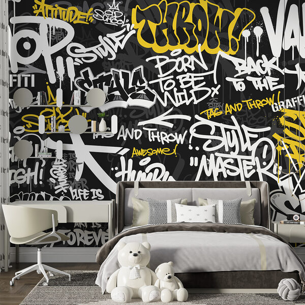 Wall mural Yellow graffiti on a black background (SKU: u98895) Wall mural Wall mural Yellow graffiti on a black background (SKU: u98895)