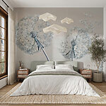 Wall mural Dandelions releasing seeds into air