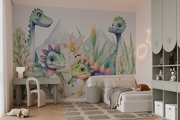 Group of dinosaurs surrounded by flowers Wall murals Group of dinosaurs surrounded by flowers
