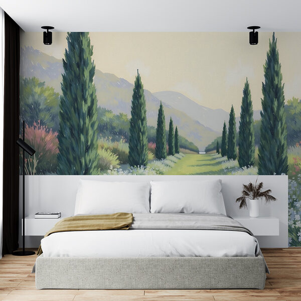 Painting of a landscape with trees and flowers Wall murals Painting of a landscape with trees and flowers