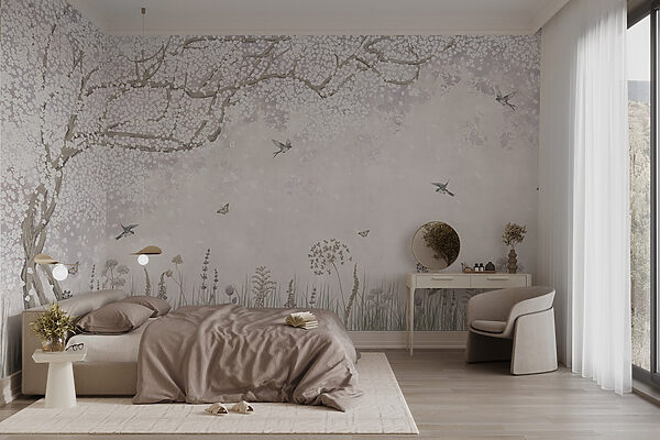 Painting of a garden with flowers and butterflies Wall murals Painting of a garden with flowers and butterflies