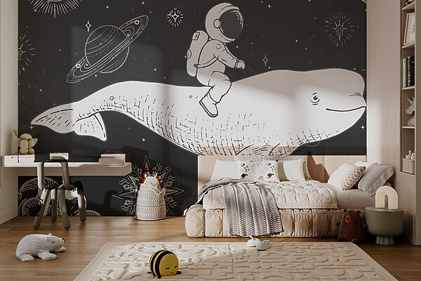 Drawing of a person riding a whale Wall murals Drawing of a person riding a whale