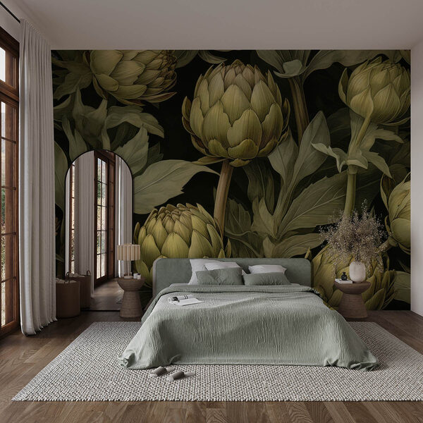 Wall murals Artichokes with leaves and stems on a black background (SKU: w03628) Wall murals Wall murals Artichokes with leaves and stems on a black background (SKU: w03628)