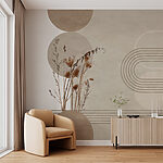 Wall mural Brown and white background with brown and white circles and plants