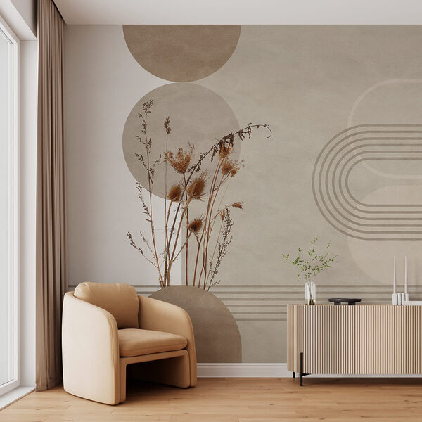 Brown and white background with brown and white circles and plants Wall mural Brown and white background with brown and white circles and plants