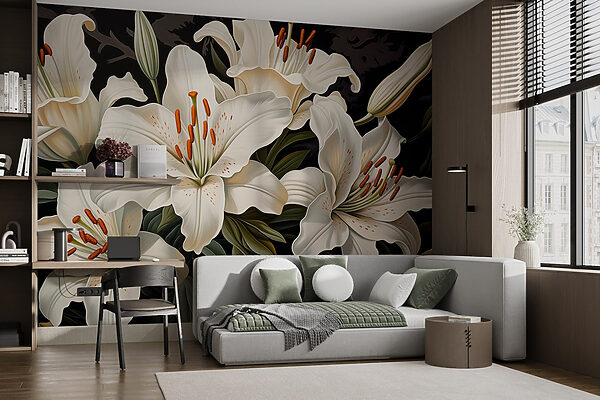 Wall murals Beautiful white lilies in full bloom (SKU: w08983) Wall murals Wall murals Beautiful white lilies in full bloom (SKU: w08983)