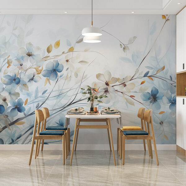 Wall mural Painting of flowers and leaves (SKU: w09009) Wall mural Wall mural Painting of flowers and leaves (SKU: w09009)