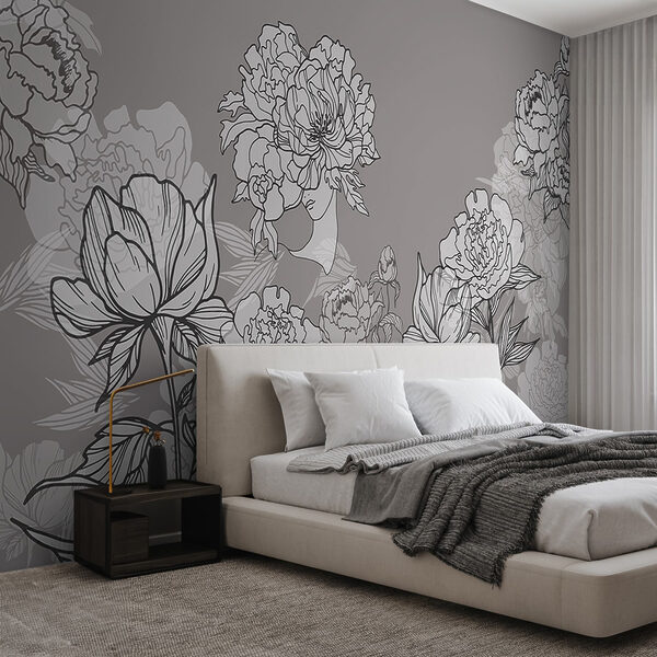 Line of flowers on a gray background Wall murals Line of flowers on a gray background